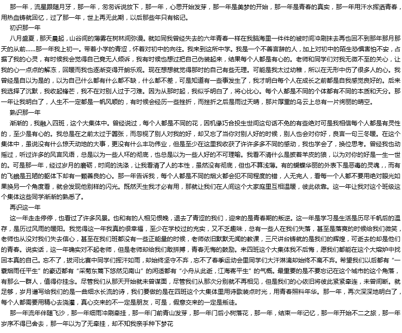 2019年中考满分作文: 那一年 2019年中考满分作文: 那一年