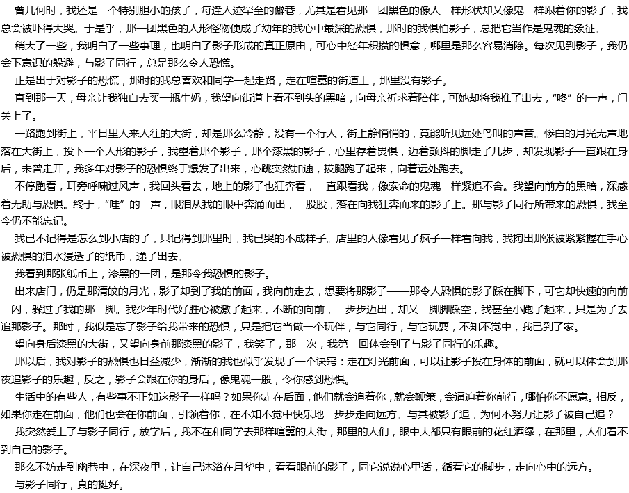 2020年中考满分作文参考范文：与影子同行