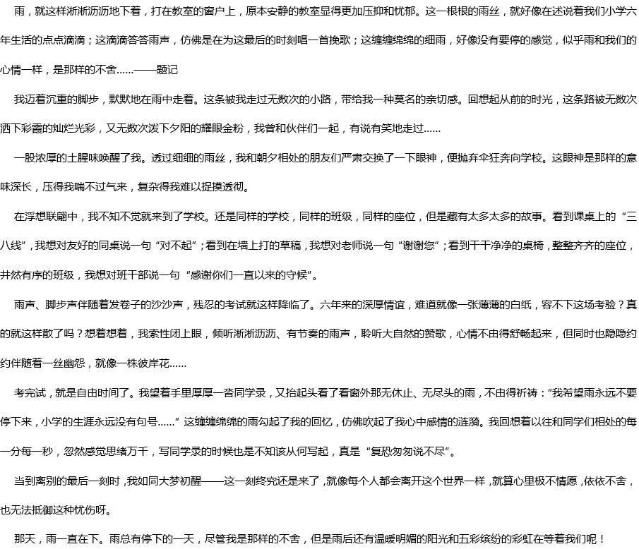 2020年中考满分作文参考范文：那天，雨一直下