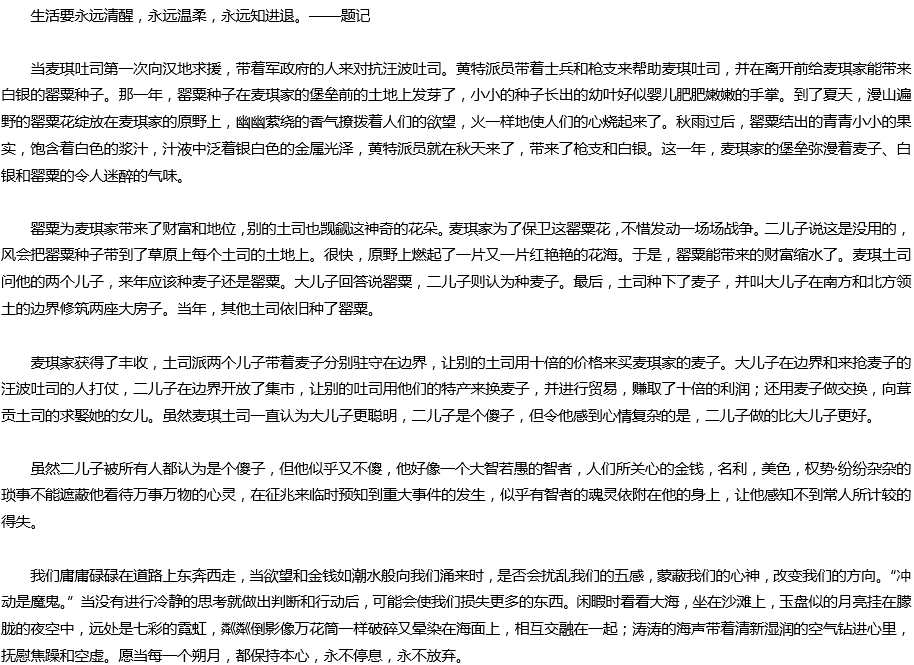 2020年中考满分作文1000字参考范文：《尘埃落定》读后感
