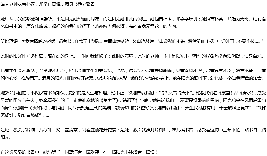 2020年中考满分作文参考范文：一路阳光一路情