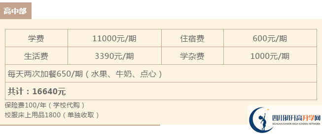 2021年雅安北附实验学校住宿费用是多少？