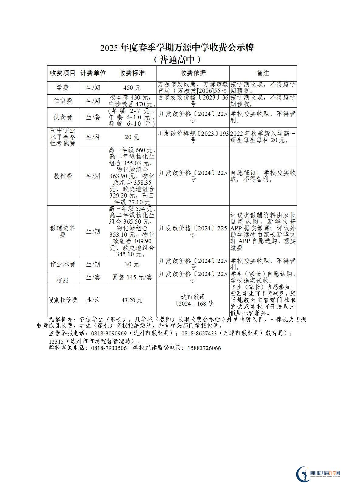 2026年达州市万源中学学费多少钱？