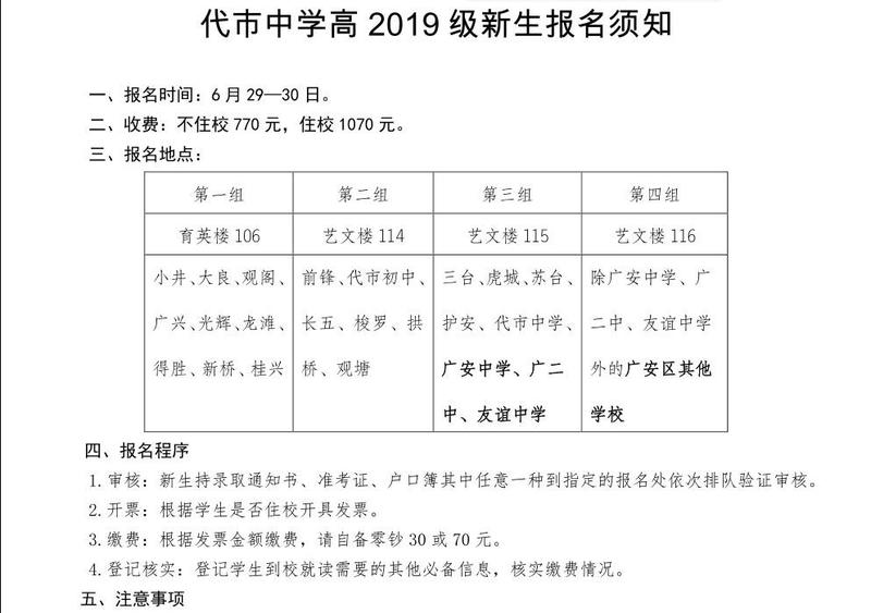 广安代市中学高2019级新生报名须知