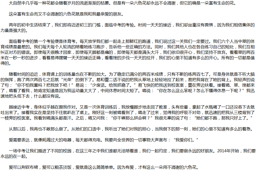 2020年中考满分作文说明文参考范文：一朵永不凋谢的六色花