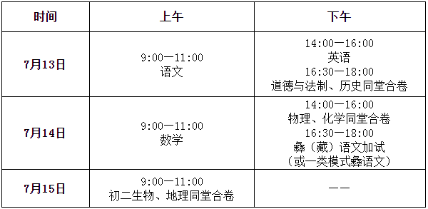 2020年凉山州中考考试时间：2020年7月13日-15日